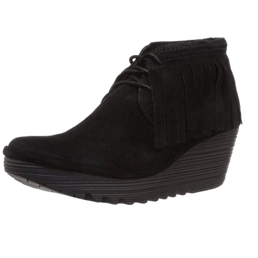Fly London Yank Black Suede Fringe Wedge Ankle Boots Lace-Up Boho Booties